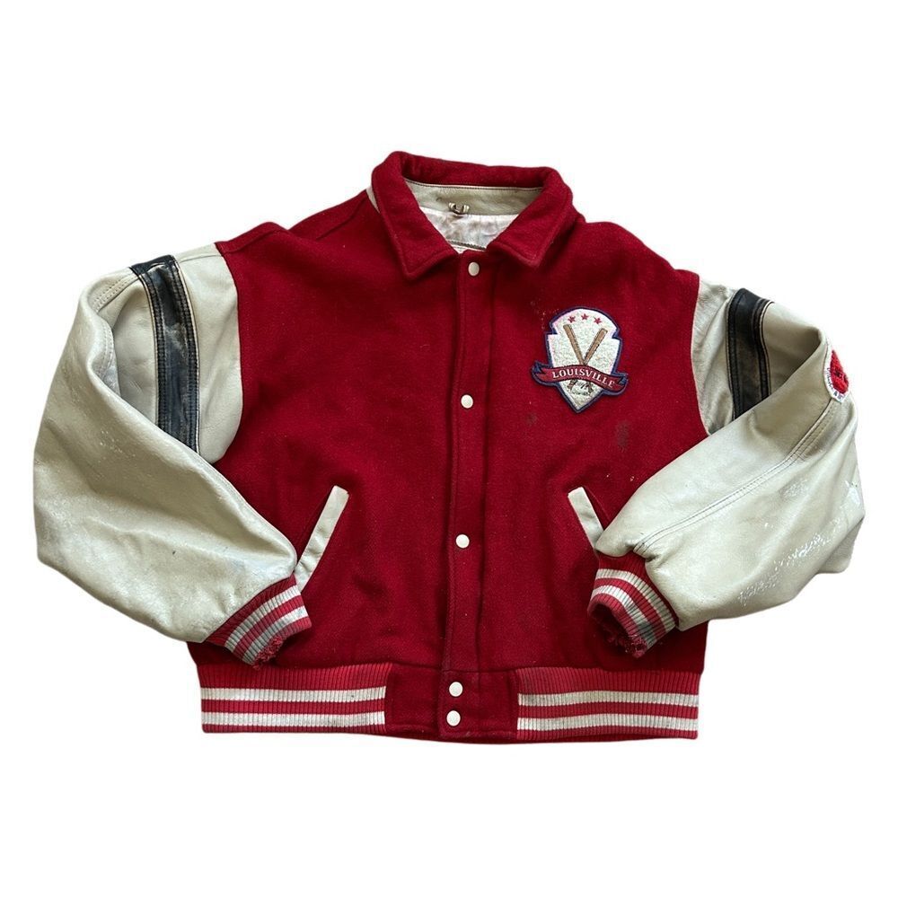 Louisville Slugger Mens Vintage Leather Red White Baseball Varsity Jacket Large